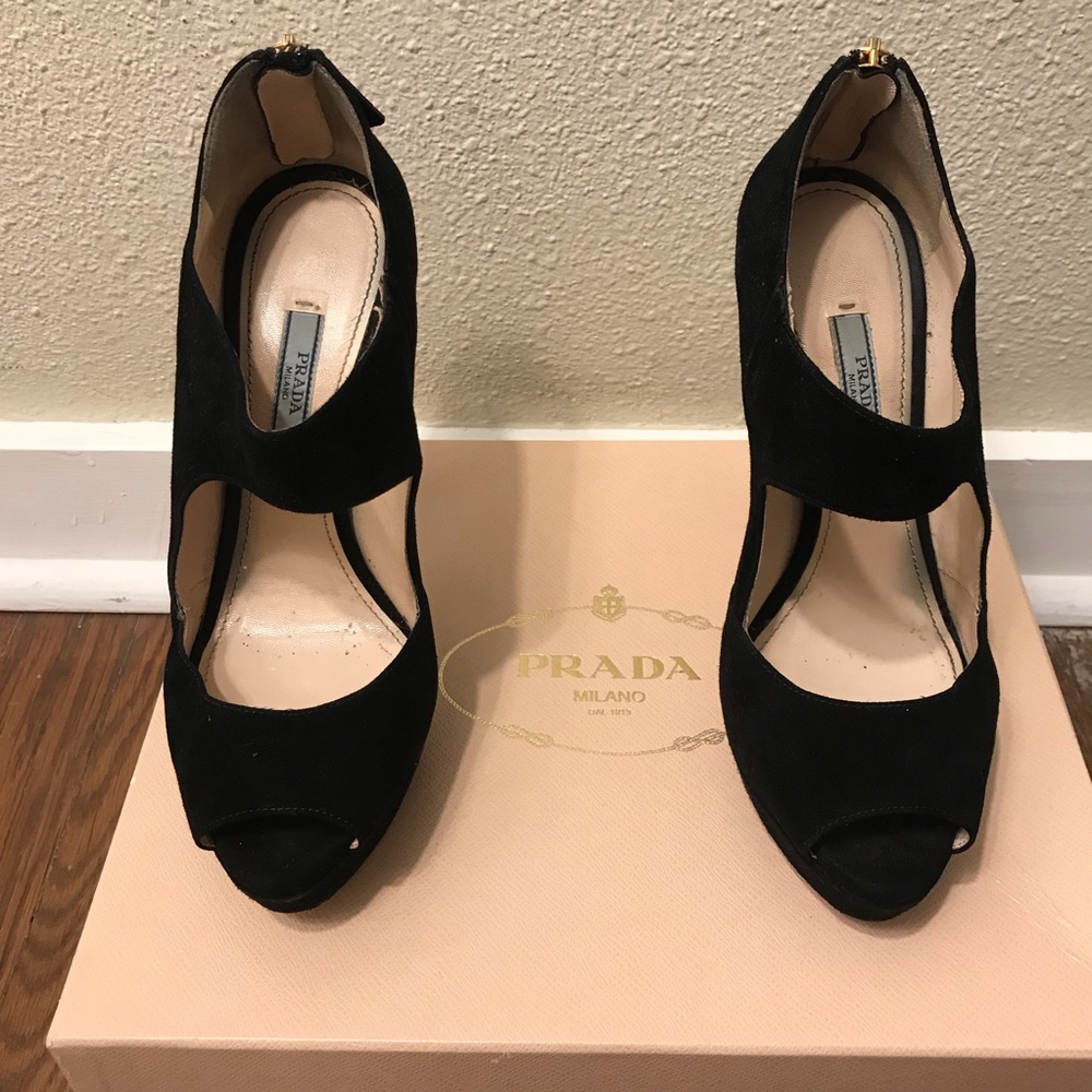 Prada Black Suede Peep Toe Heels, Size 37 - Picture 2 of 6